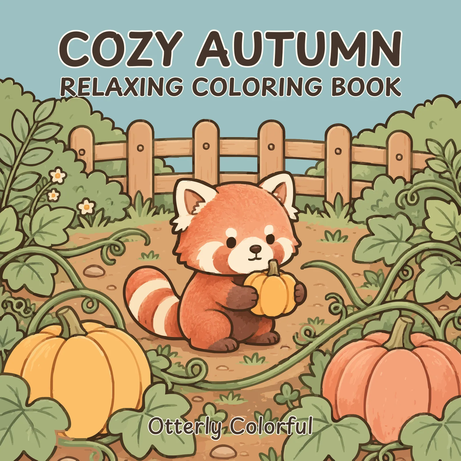 Cozy Autumn cover: a red panda hugging a small pumpkin in a pumpkin patch
