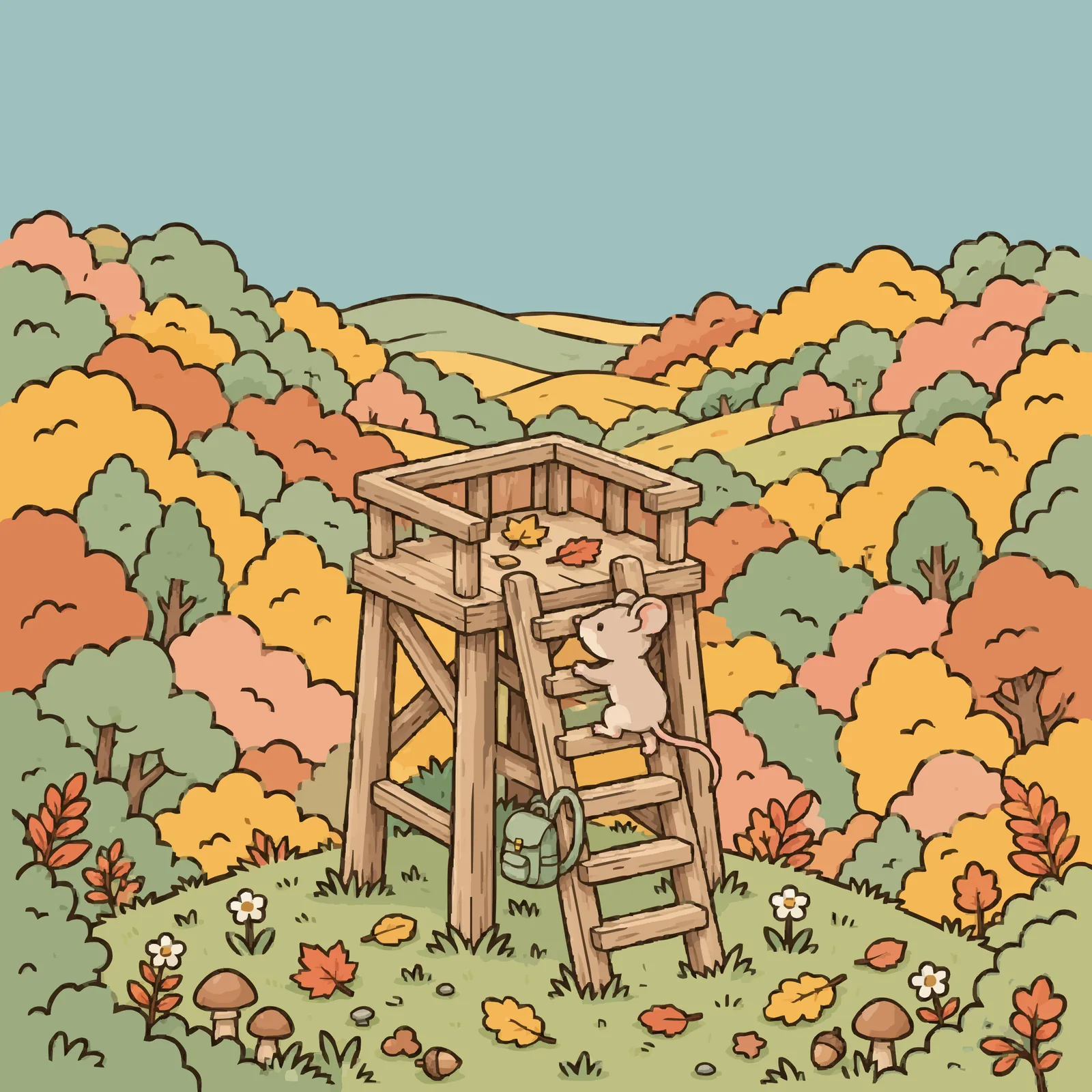 A little mouse climbing to a lookout above autumn trees