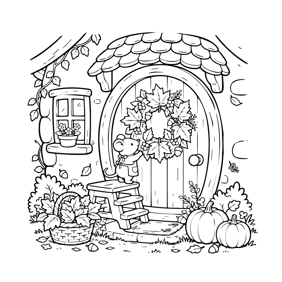 Line art: a mouse hangs an autumn wreath