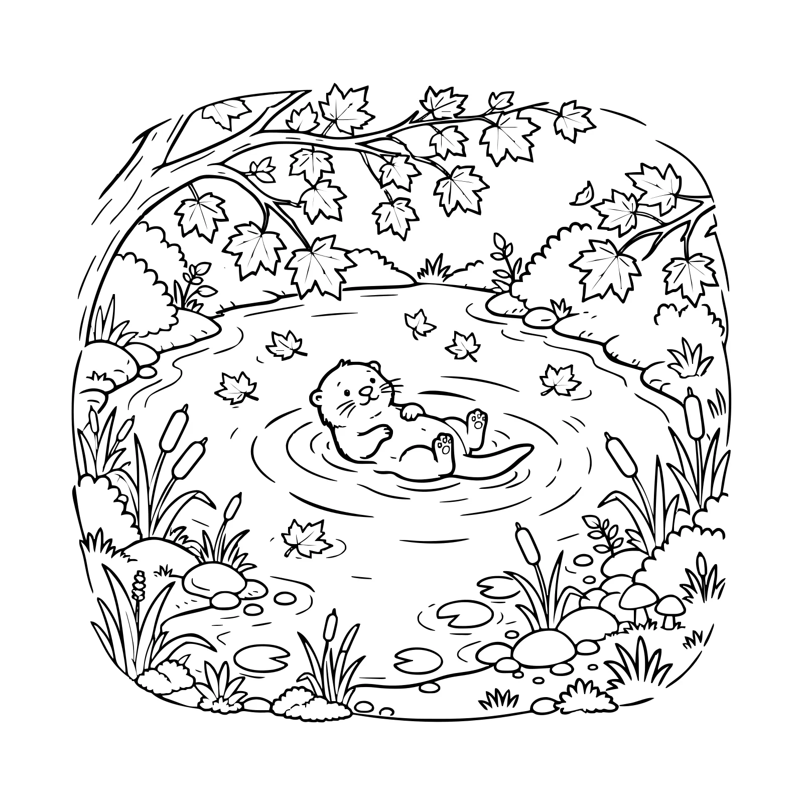 Coloring page: an otter floating on its back in a pond surrounded by maple leaves, reeds and stones