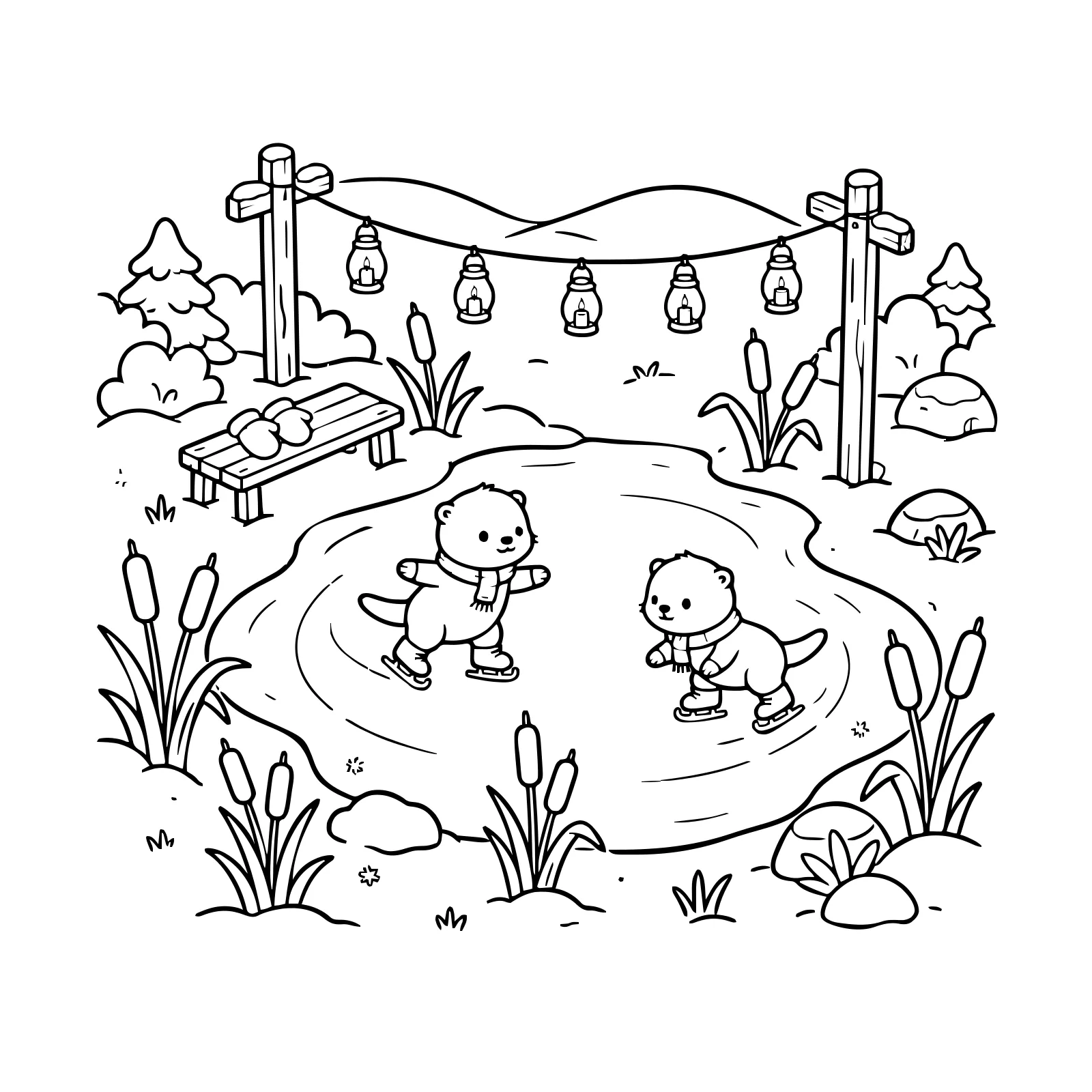 Coloring page: two otters ice skating on a frozen pond under strings of lanterns