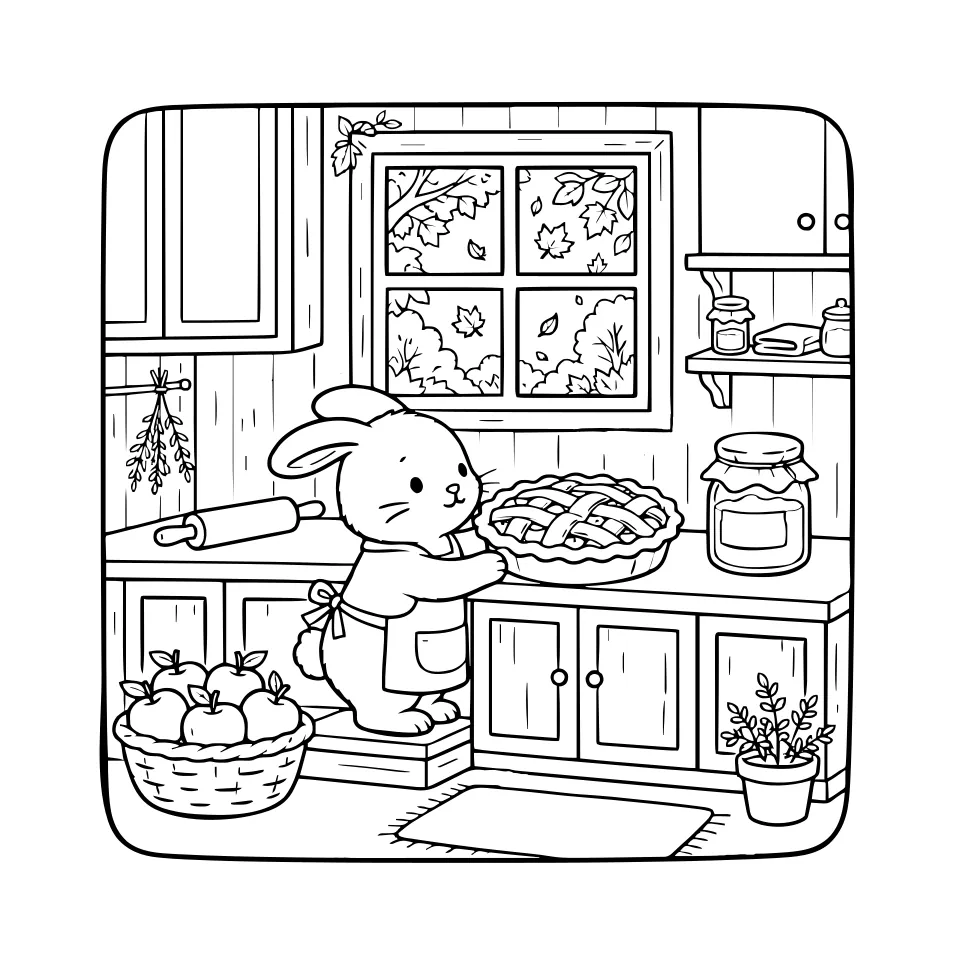 Coloring page: a rabbit in an apron setting a lattice apple pie on a kitchen counter