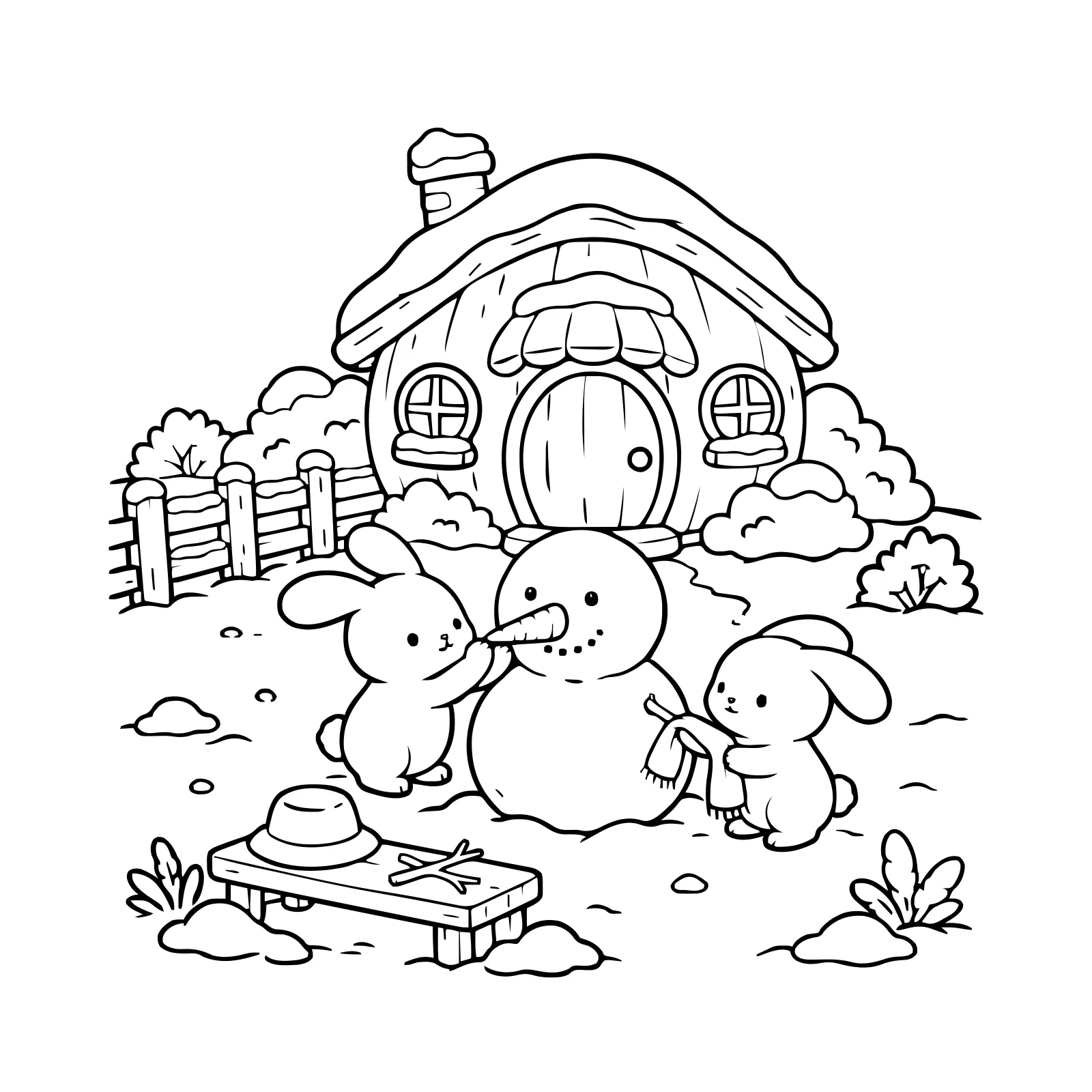 Coloring page: two rabbits building a snowman outside a round-door cottage